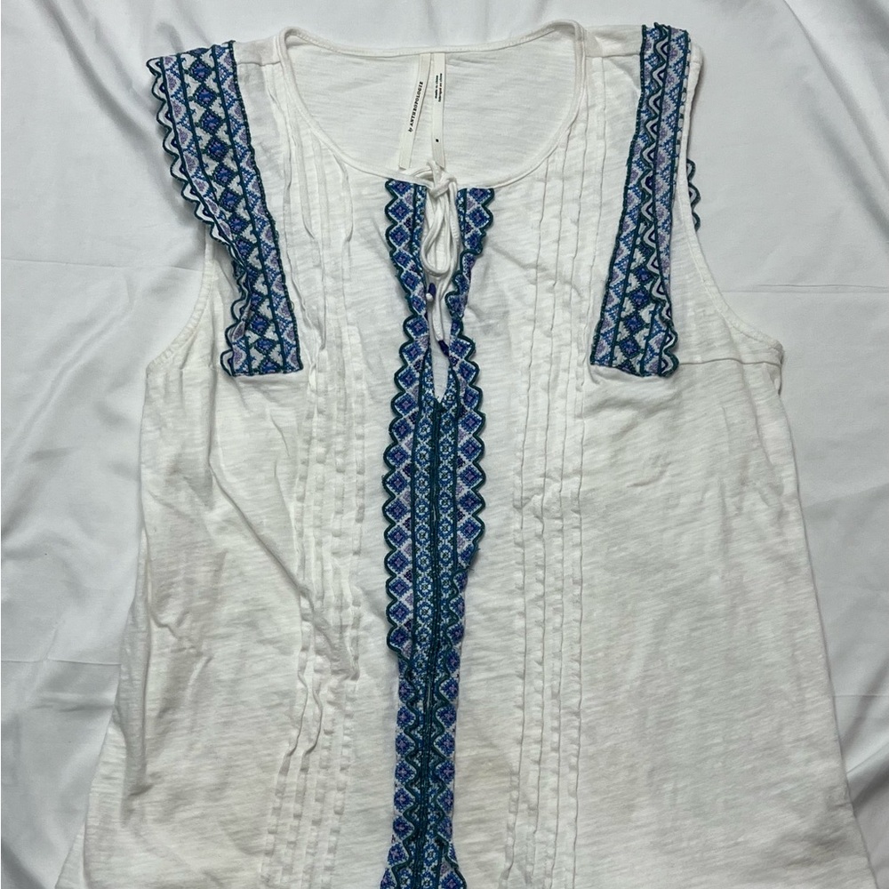 Anthropologie White Tank with Blue Embroidered Trim and Tie Neck